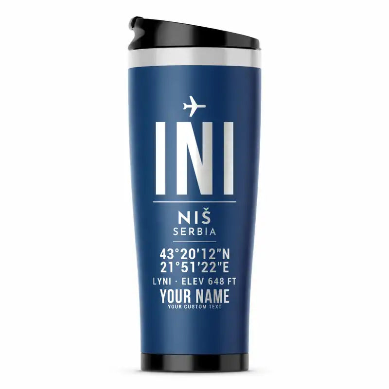 Niš Constantine the Great Airport (INI) Travel Mugs - ID Tag + Name - Stainless Steel (No Holder) - Blue