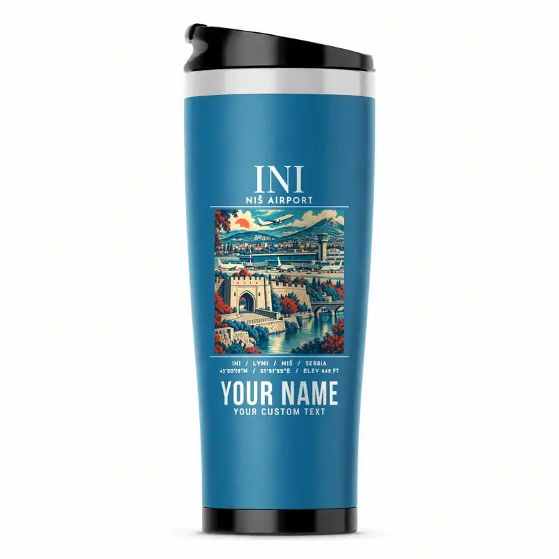 Niš Constantine the Great Airport (INI) Travel Mugs - Poster + Name - Stainless Steel (No Holder) - Light Blue
