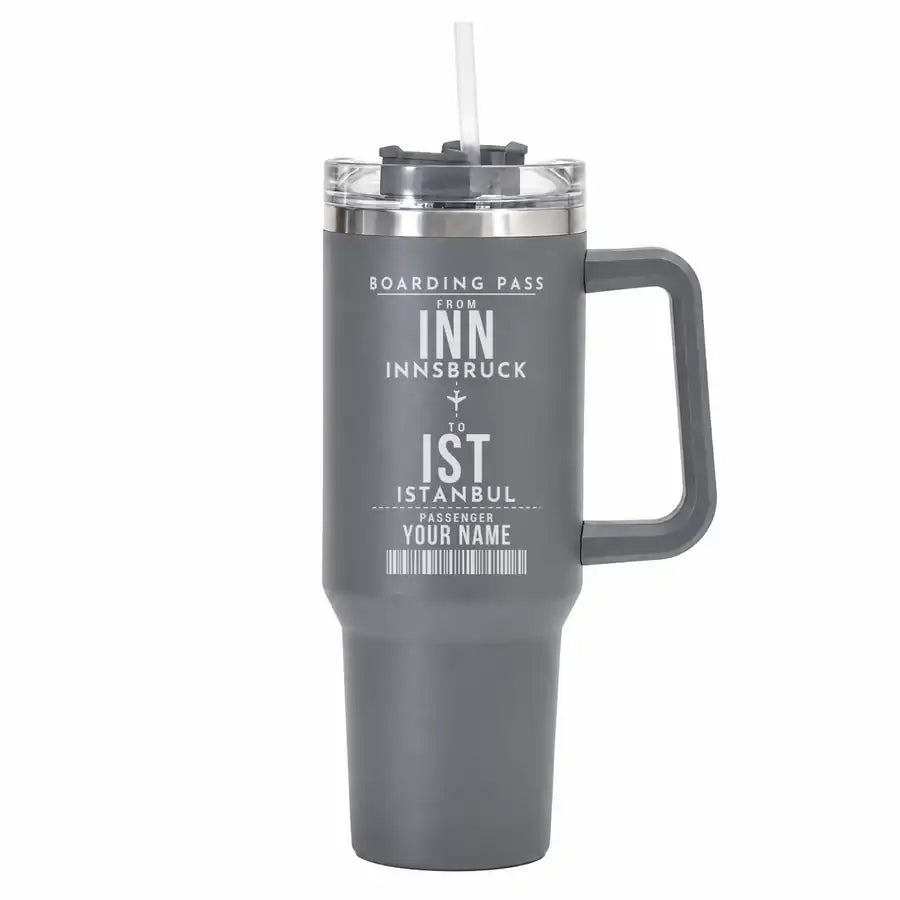 Innsbruck Airport (INN) Stainless Steel Mugs - Customizable Boarding Pass - 40oz Car Mug - Gray