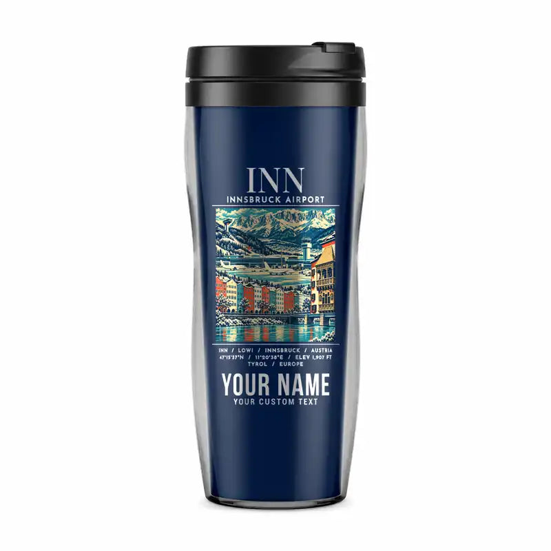 Innsbruck Airport (INN) Travel Mugs - Poster + Name - Plastic (No Holder) - Dark Blue