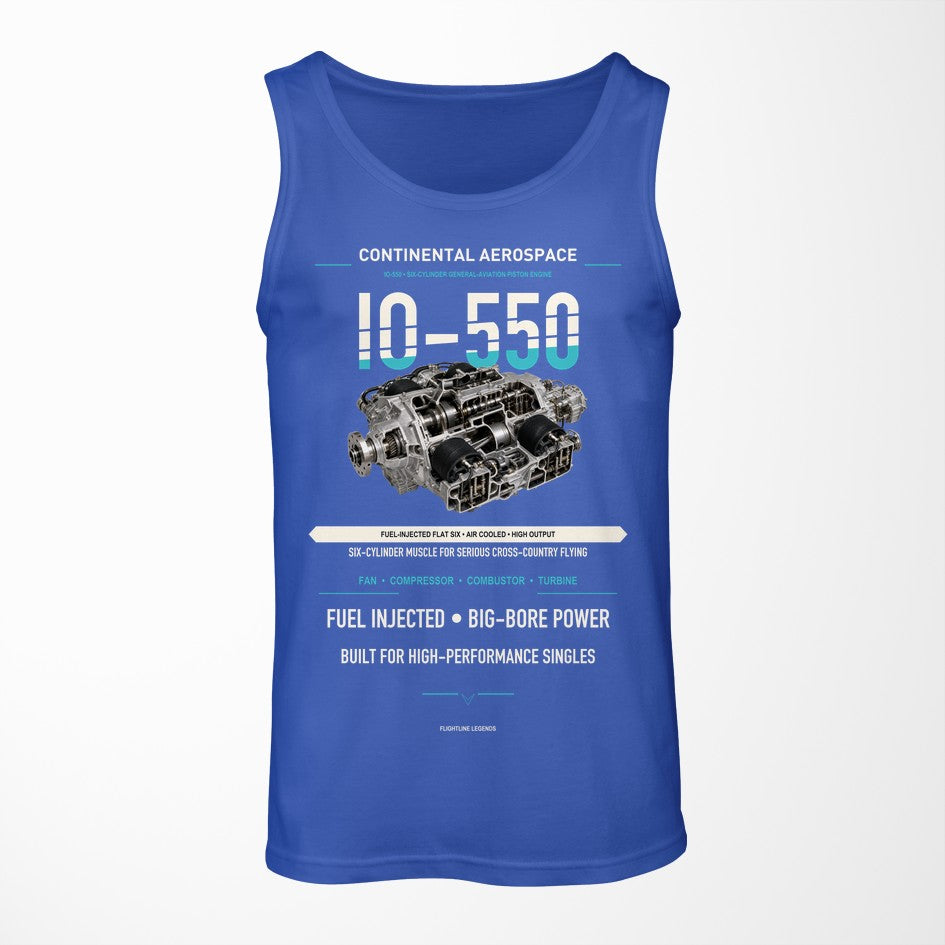 IO-550 design on blue tank top