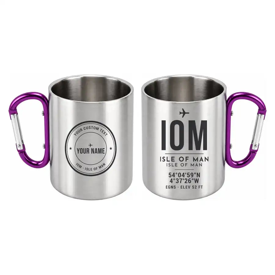 Isle of Man Airport (IOM) Stainless Steel Mugs - ID Tag + Custom Back - Outdoors Mug - Purple