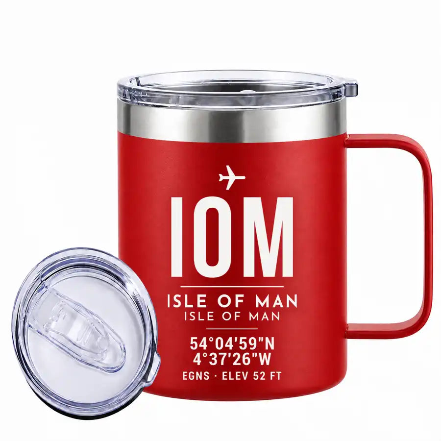 Isle of Man Airport (IOM) Stainless Steel Mugs - ID Tag - Stainless Steel Mug - 14 oz / 400ML - Red