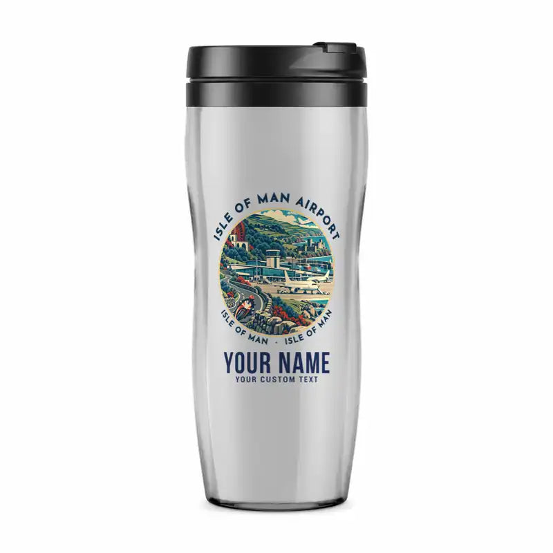 Isle of Man Airport (IOM) Travel Mugs - Badge + Name - Plastic (No Holder) - Light Gray
