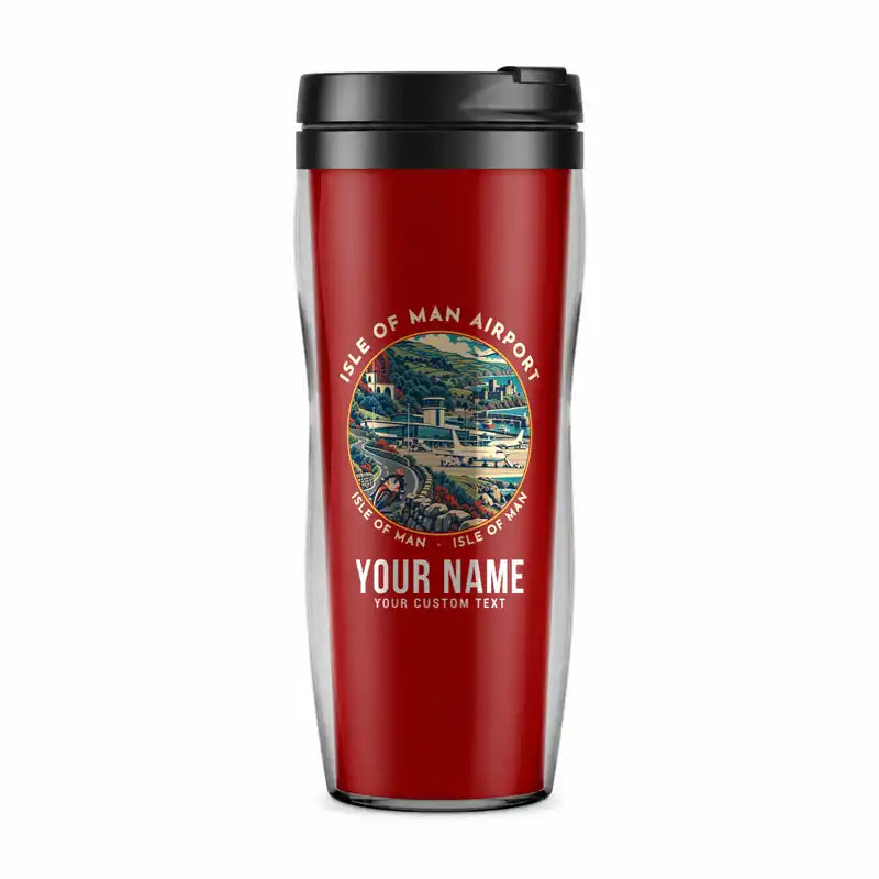 Isle of Man Airport (IOM) Travel Mugs - Badge + Name - Plastic (No Holder) - Red