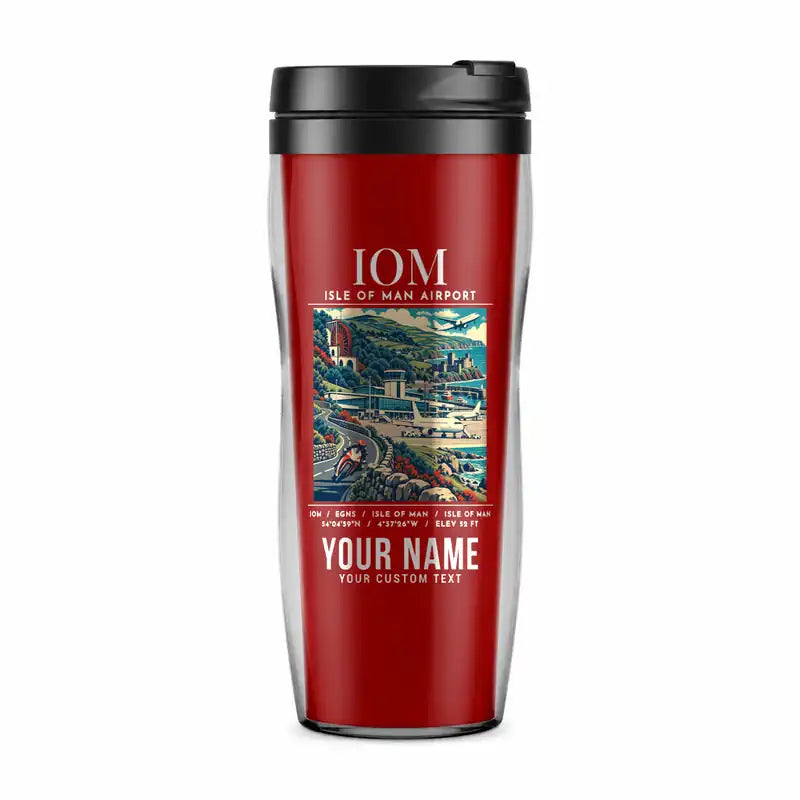 Isle of Man Airport (IOM) Travel Mugs - Poster + Name - Plastic (No Holder) - Red