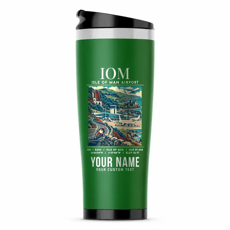 Isle of Man Airport (IOM) Travel Mugs - Poster + Name - Stainless Steel (No Holder) - Green