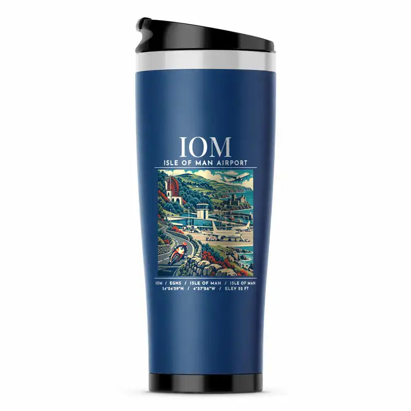 Isle of Man Airport (IOM) Travel Mugs - Poster - Stainless Steel (No Holder) - Blue