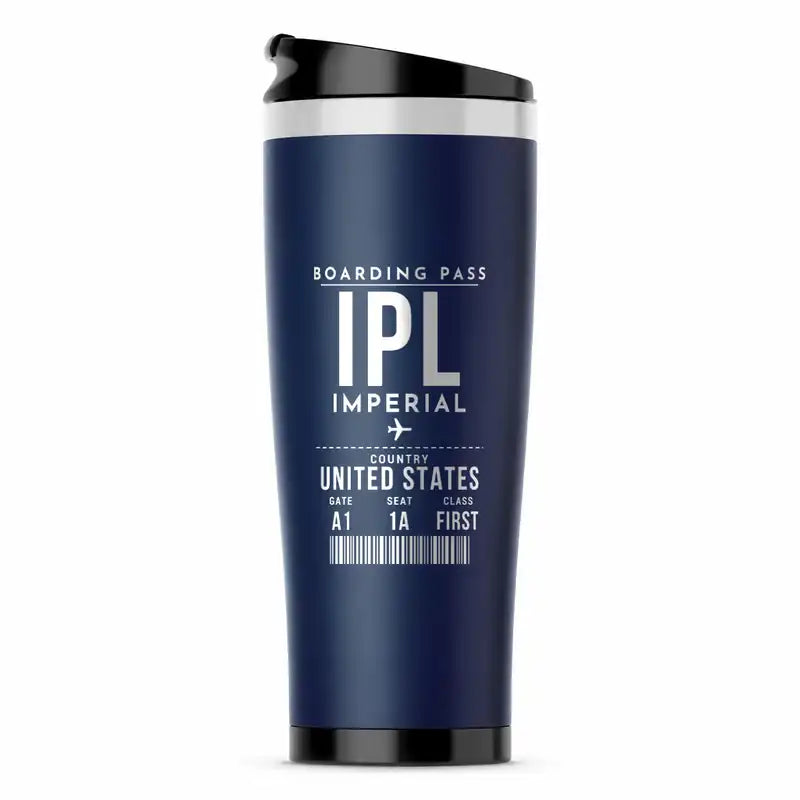 Imperial County Airport (IPL) Travel Mugs - Boarding Pass - Stainless Steel (No Holder) - Dark Blue
