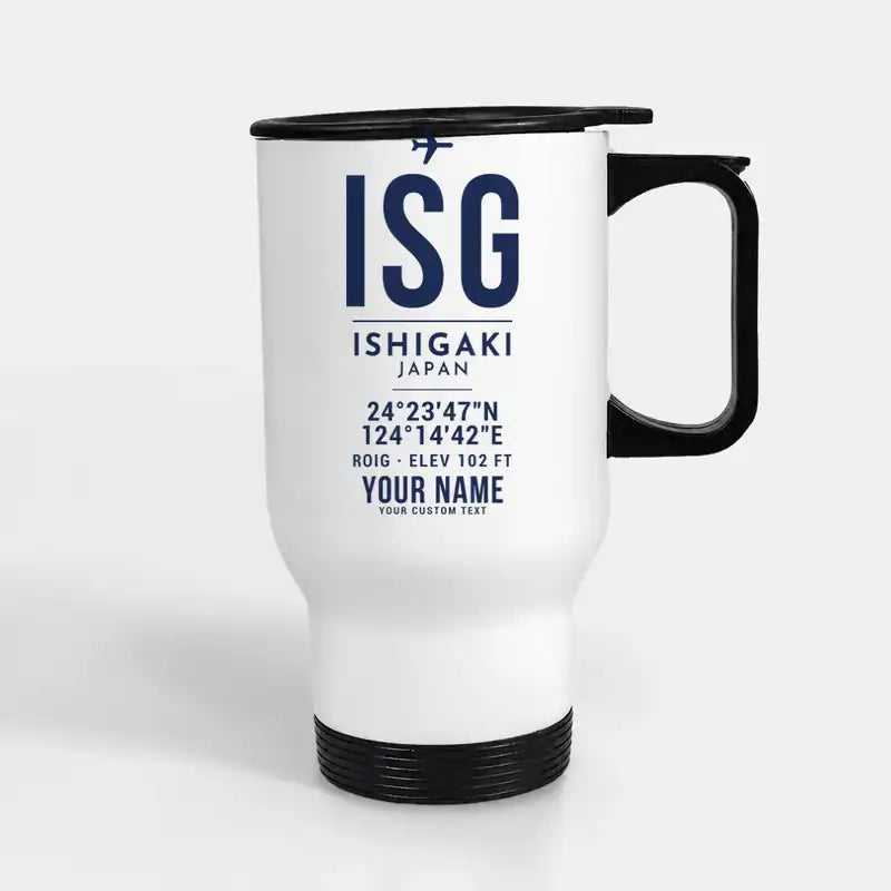 Painushima Ishigaki Airport (ISG) Travel Mugs - ID Tag + Name - Stainless Steel with Holder - White