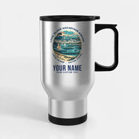 Thumbnail for Long Island MacArthur Airport (ISP) Travel Mugs - Badge + Name - Stainless Steel with Holder - Silver