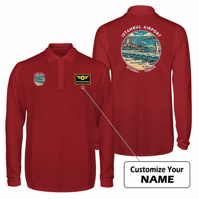 Istanbul Airport (IST) Premium Polo T-Shirts - Badge + Name - Long Sleeve - Dark Red