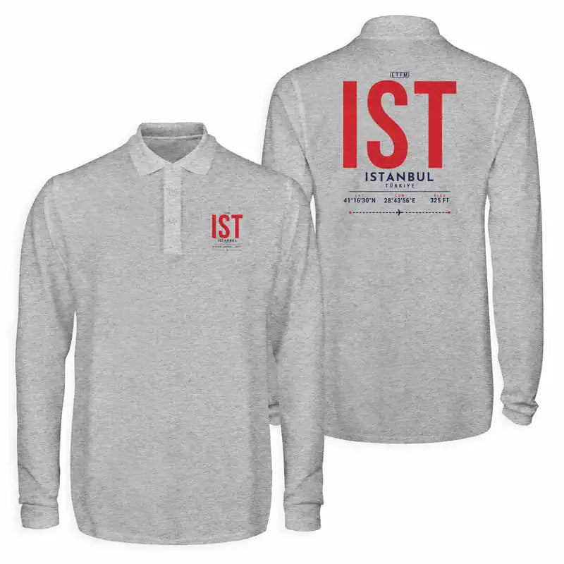 Istanbul Airport (IST) Premium Polo T-Shirts - Tag - Long Sleeve - Gray