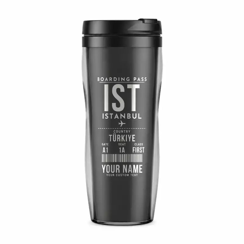 Istanbul Airport (IST) Travel Mugs - Boarding Pass + Name - Plastic (No Holder) - Gray