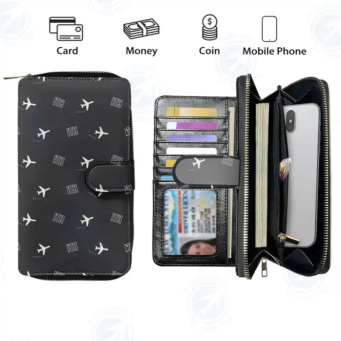 Ithaca Tompkins Regional Airport (ITH) Leather Wallets - Zip Long Wallet - Pattern - Black