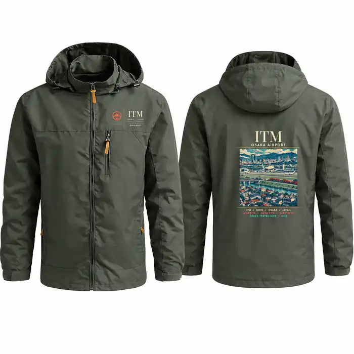 Osaka International Airport (ITM) Stylish Jackets - Hooded Windbreaker - Poster - Olive Green