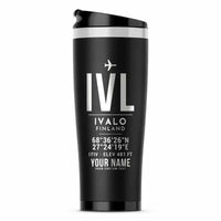 Thumbnail for Ivalo Airport (IVL) Travel Mugs - ID Tag + Name - Stainless Steel (No Holder) - Black