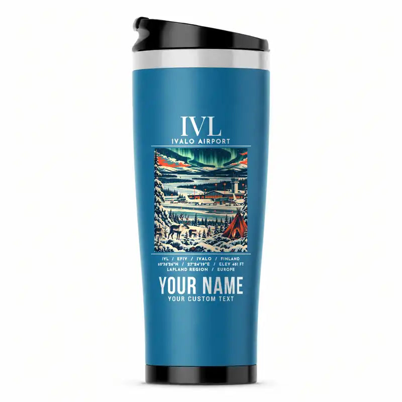 Ivalo Airport (IVL) Travel Mugs - Poster + Name - Stainless Steel (No Holder) - Light Blue