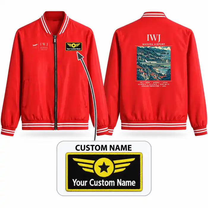 Iwami Airport (IWJ) Stylish Jackets - Baseball Collar - Poster + Name - Red