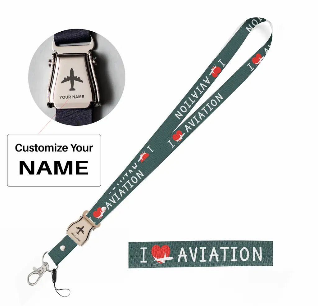 I Love Aviation seat belt lanyard - dark green with name