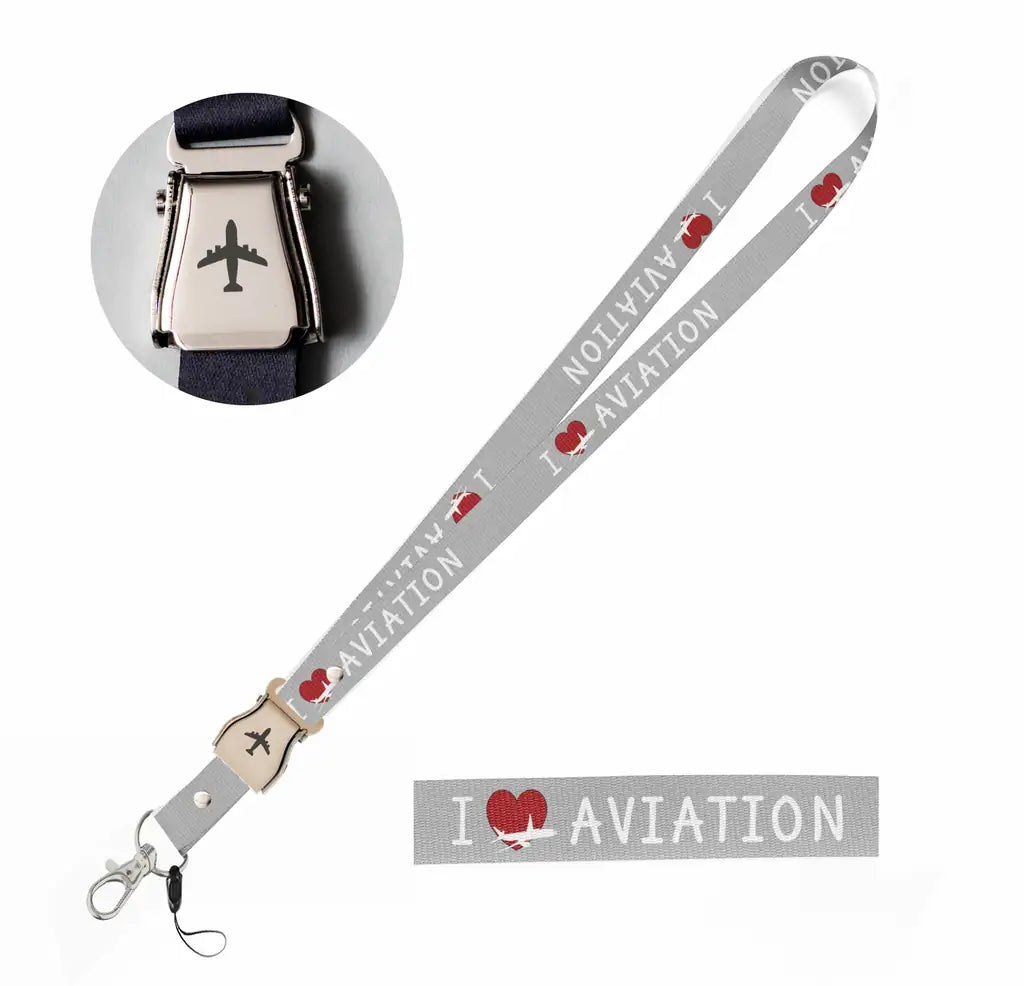 I Love Aviation seat belt lanyard - light gray