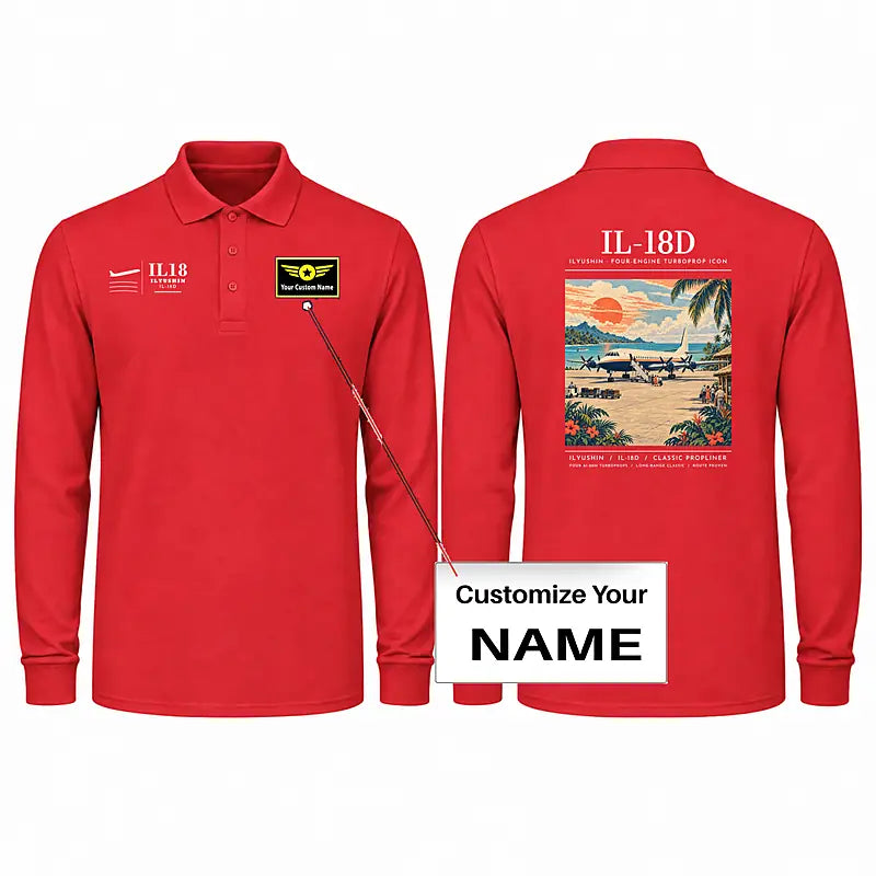 Ilyushin Il-18D Premium Polo T-Shirts - Poster + Name - Long Sleeve - Red