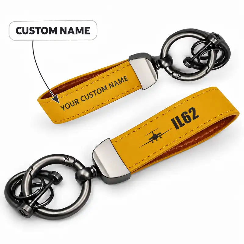 Ilyushin Il-62M - Leather Key Chain - Horseshoe Buckle - Heritage - Yellow + Name