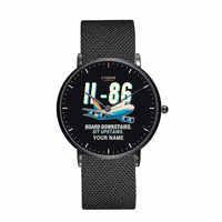 Thumbnail for Ilyushin Il-86 - Cartoon + Name - Slim Mesh - Black and Stainless Steel Strap