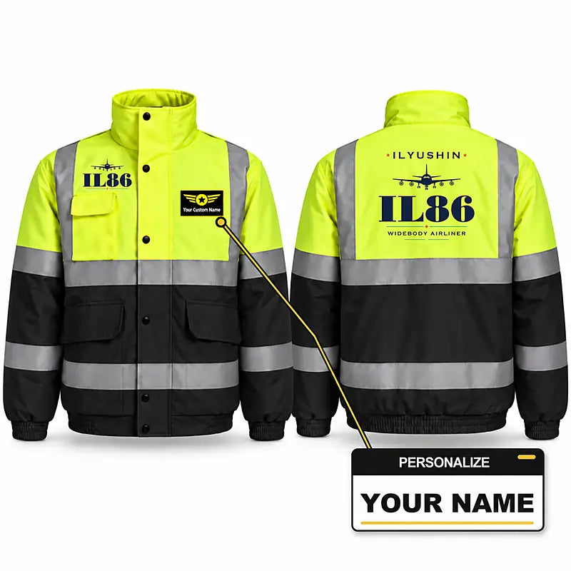 Ilyushin Il-86 Reflective Winter Jackets - Heritage + Name - Fluorescent Yellow & Navy