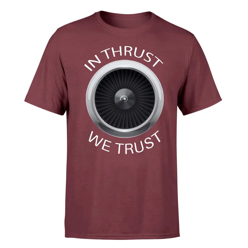 In Thrust We Trust design on dark red single side
