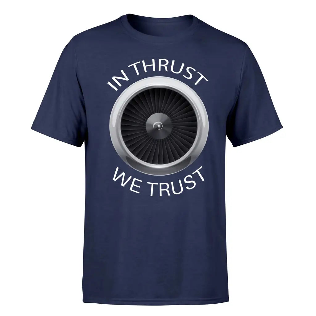 In Thrust We Trust design on navy blue single side