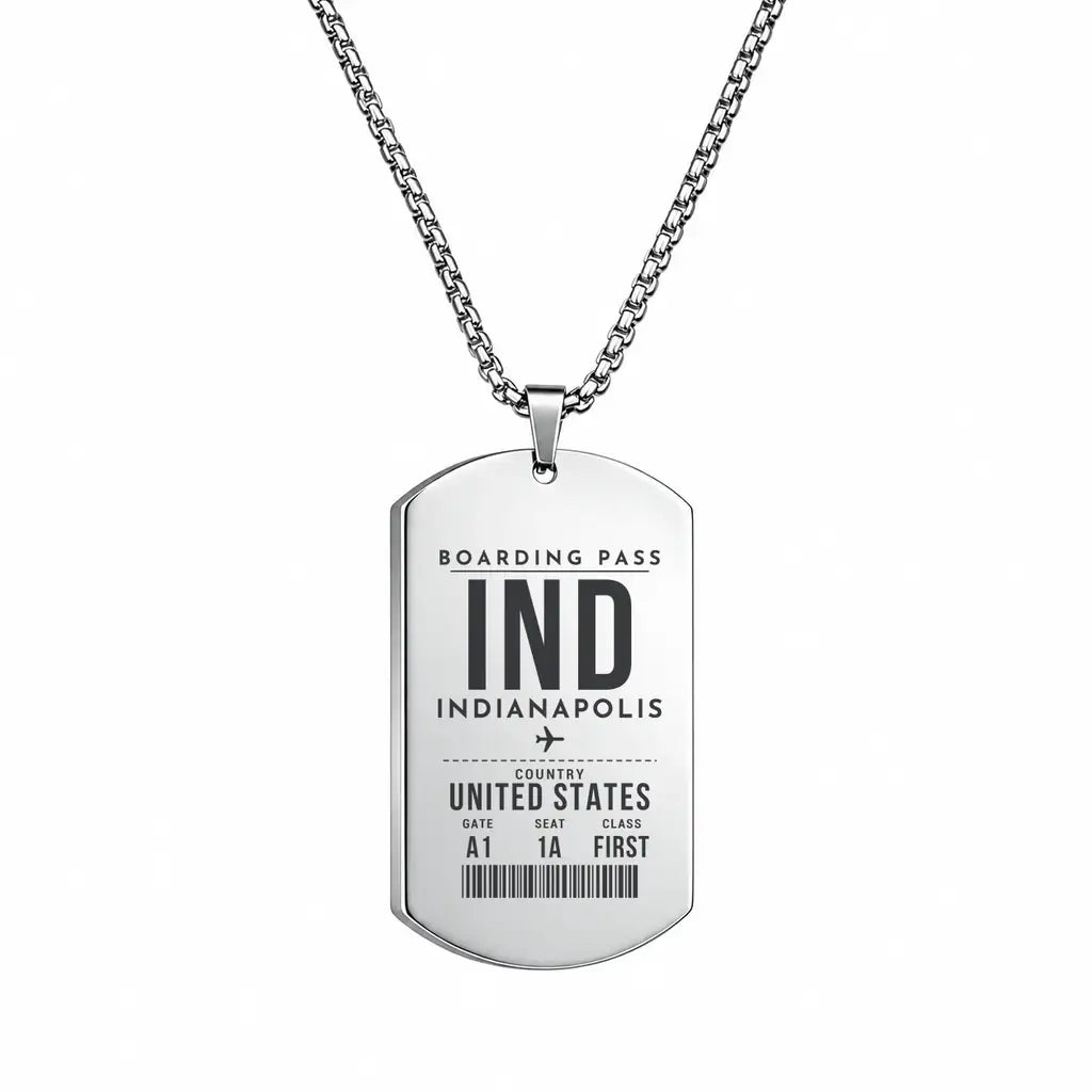 Indianapolis International Airport IND - Necklace - Boarding Pass Style - Silver