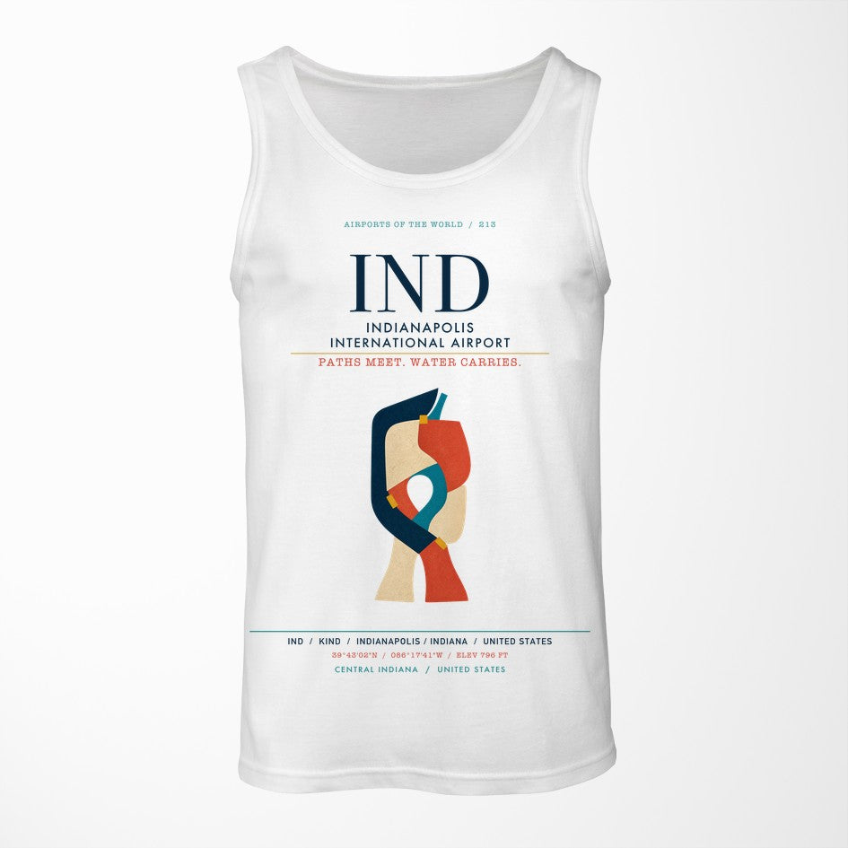 Indianapolis International Airport (IND) design on white tank top