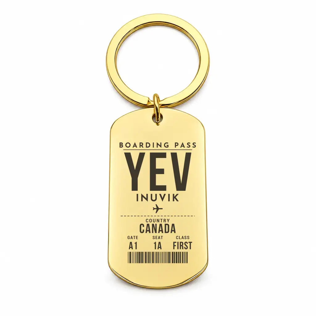 Inuvik (Mike Zubko) Airport YEV - Key Chain - Boarding Pass Style - Gold