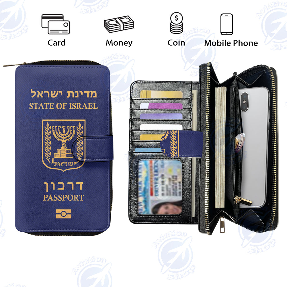 Israel Passport Designed Leather Long Zipper Wallets