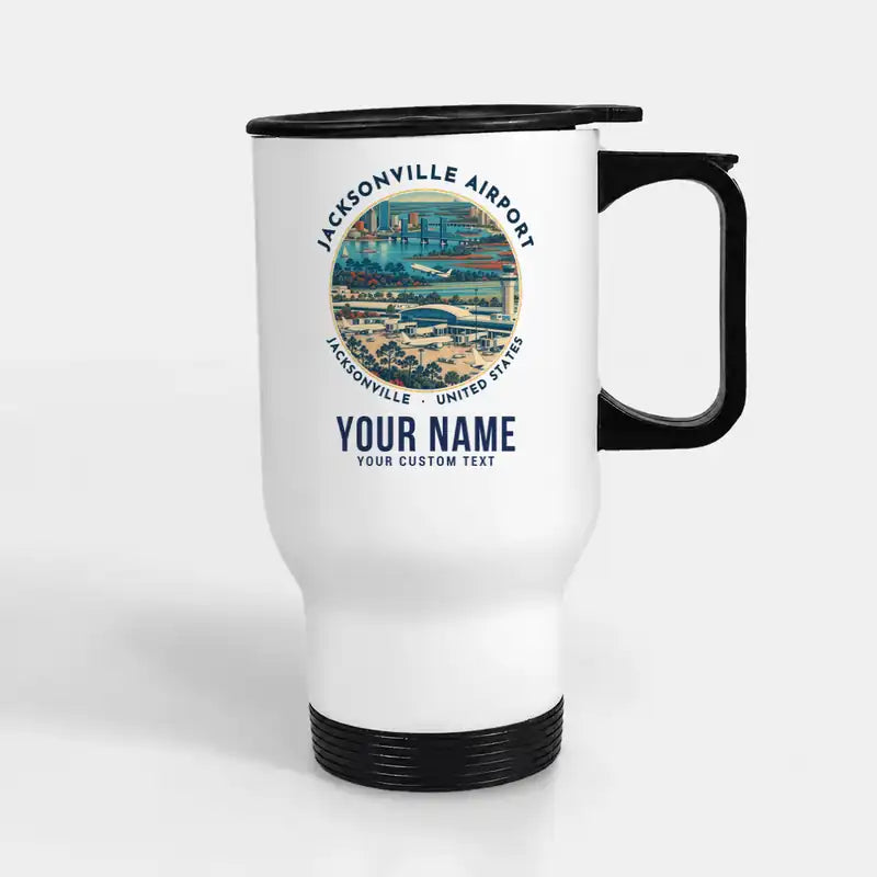 Jacksonville International Airport (JAX) Travel Mugs - Badge + Name - Stainless Steel with Holder - White