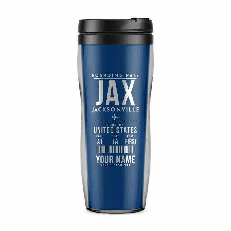 Jacksonville International Airport (JAX) Travel Mugs - Boarding Pass + Name - Plastic (No Holder) - Blue