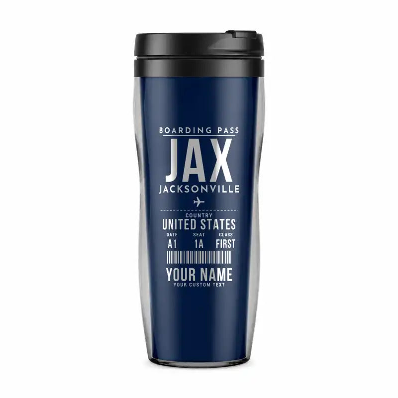 Jacksonville International Airport (JAX) Travel Mugs - Boarding Pass + Name - Plastic (No Holder) - Dark Blue