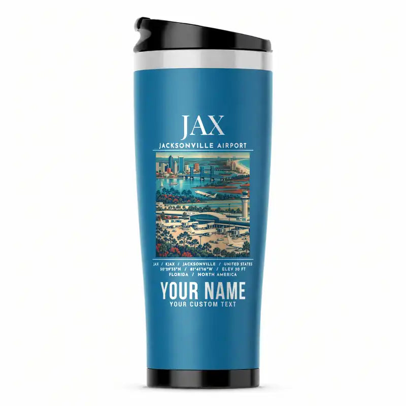 Jacksonville International Airport (JAX) Travel Mugs - Poster + Name - Stainless Steel (No Holder) - Light Blue