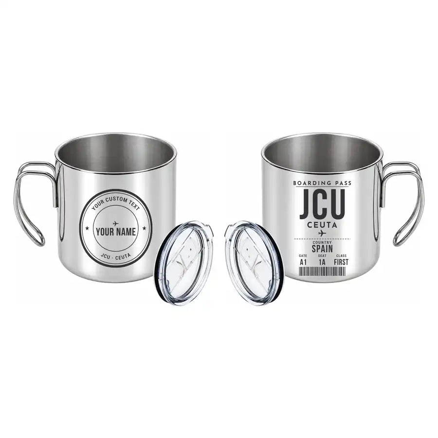 Ceuta Heliport (JCU) Stainless Steel Mugs - Boarding Pass + Custom Back - Portable Mug - Silver