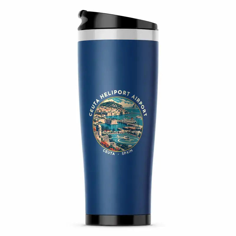 Ceuta Heliport (JCU) Travel Mugs - Badge - Stainless Steel (No Holder) - Blue