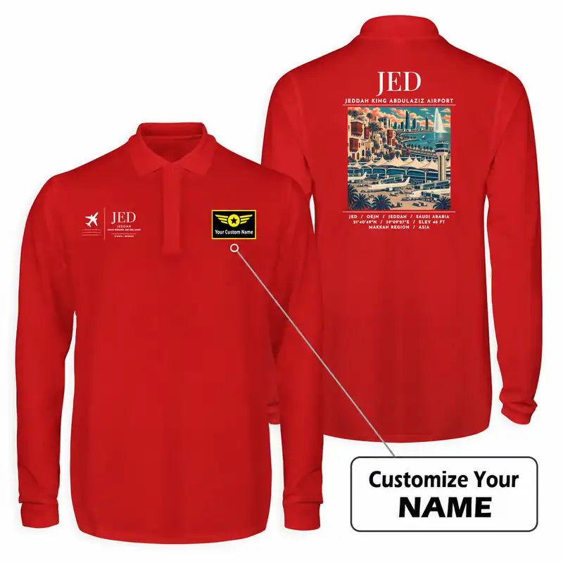 Jeddah King Abdulaziz International Airport (JED) Premium Polo T-Shirts - Poster + Name - Long Sleeve - Red
