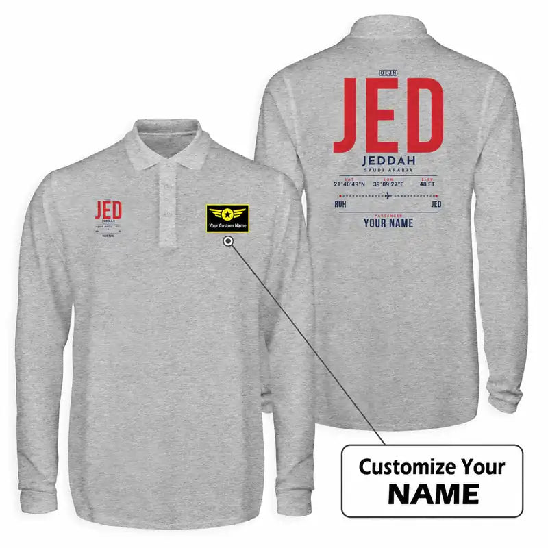Jeddah King Abdulaziz International Airport (JED) Premium Polo T-Shirts - Tag Custom - Long Sleeve - Gray