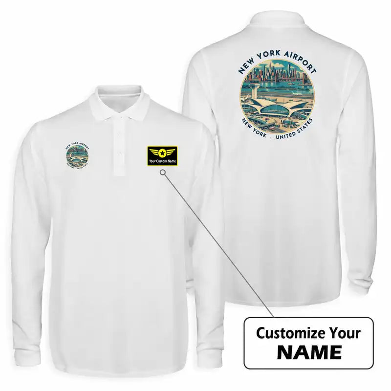 New York John F. Kennedy International Airport (JFK) Premium Polo T-Shirts - Badge + Name - Long Sleeve - White
