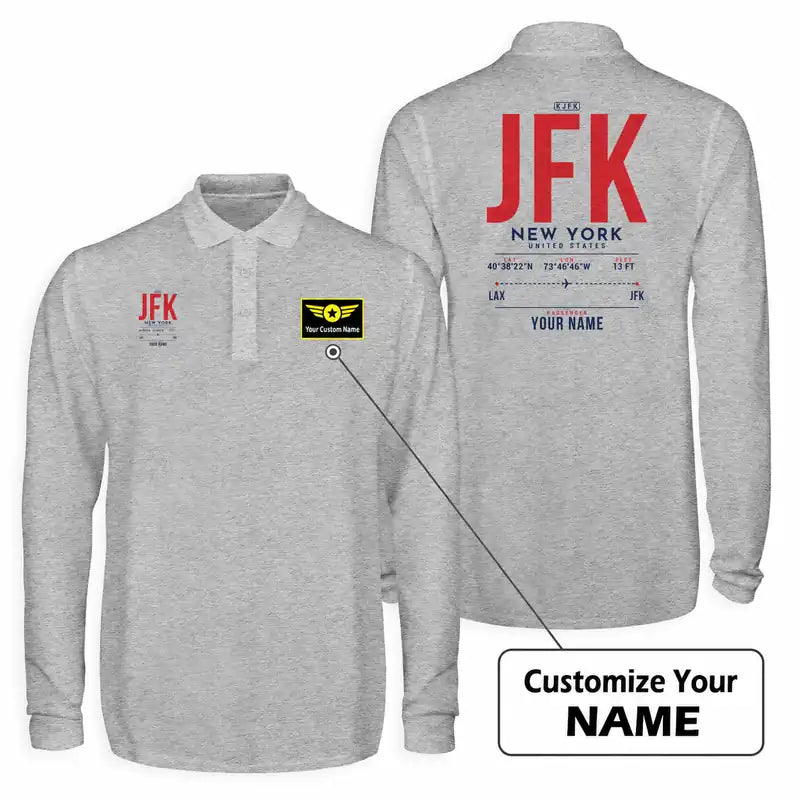 New York John F. Kennedy International Airport (JFK) Premium Polo T-Shirts - Tag Custom - Long Sleeve - Gray