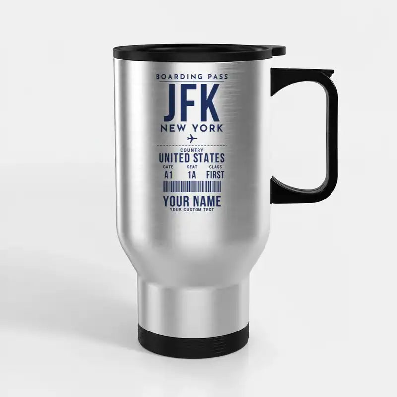New York John F. Kennedy International Airport (JFK) Travel Mugs - Boarding Pass + Name - Stainless Steel with Holder - Silver