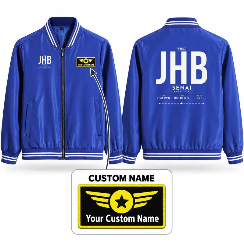 Senai International Airport Johor Bahru (JHB) Stylish Jackets - Baseball Collar - Tag + Name - Royal Blue