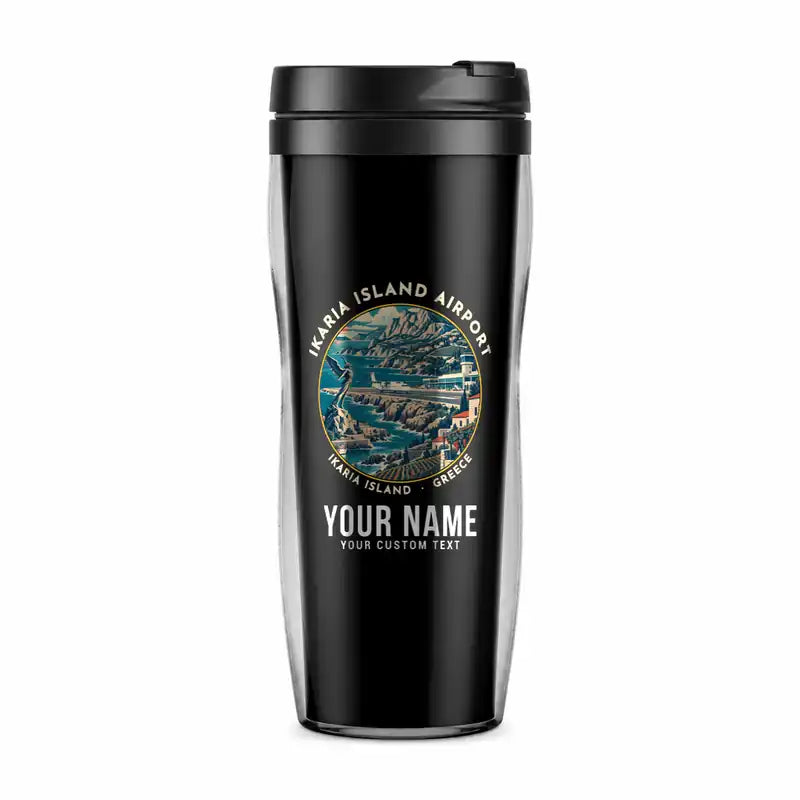 Ikaria Island National Airport (JIK) Travel Mugs - Badge + Name - Plastic (No Holder) - Black