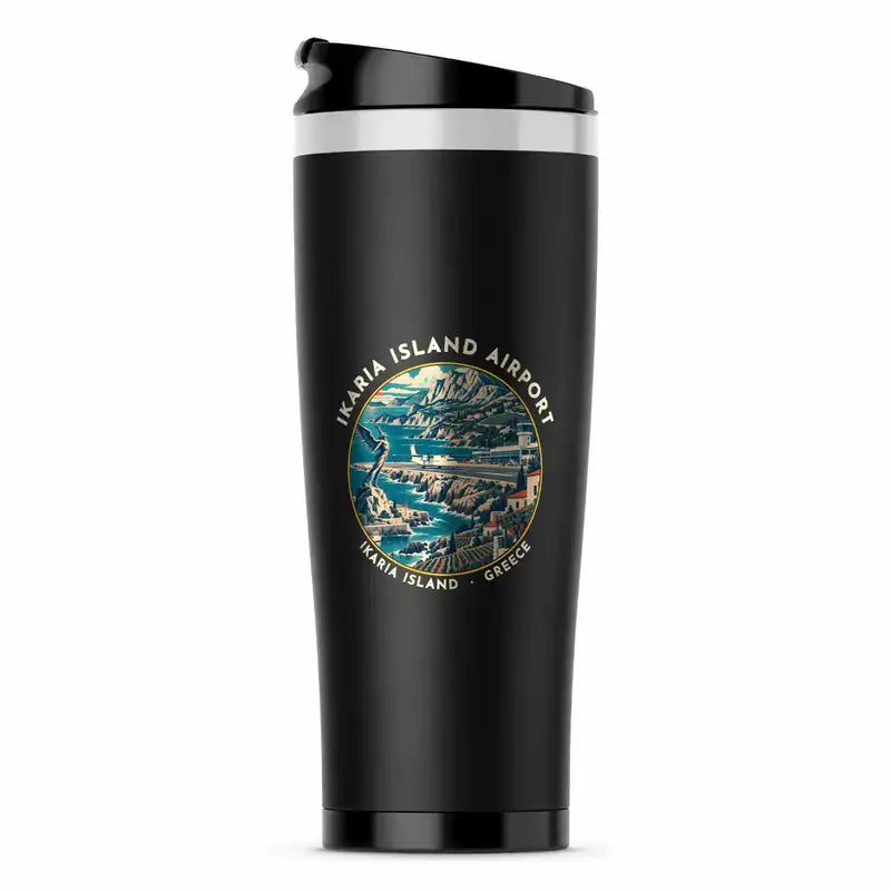 Ikaria Island National Airport (JIK) Travel Mugs - Badge - Stainless Steel (No Holder) - Black