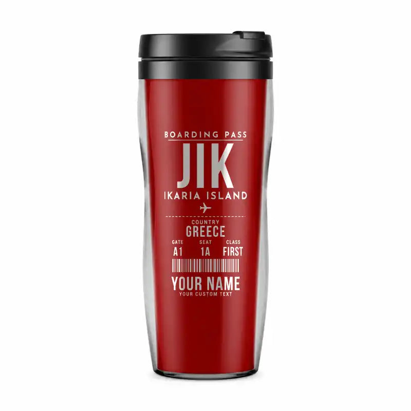 Ikaria Island National Airport (JIK) Travel Mugs - Boarding Pass + Name - Plastic (No Holder) - Red